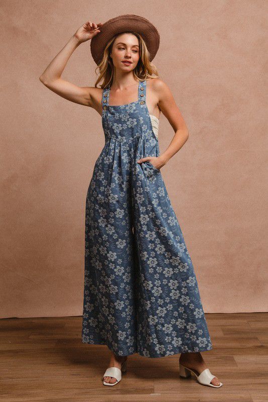 FLORAL EMBROIDERED WIDE LEG OVERALLS