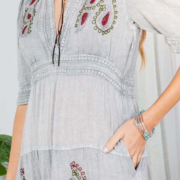 V Neck Maxi Grey Light with Embroidery