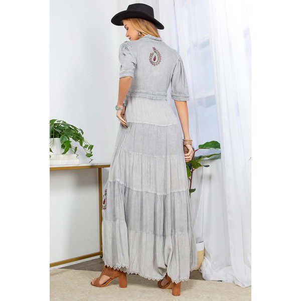 V Neck Maxi Grey Light with Embroidery