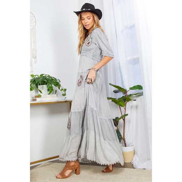 V Neck Maxi Grey Light with Embroidery