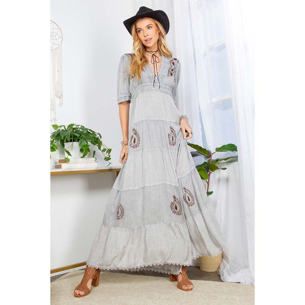 V Neck Maxi Grey Light with Embroidery