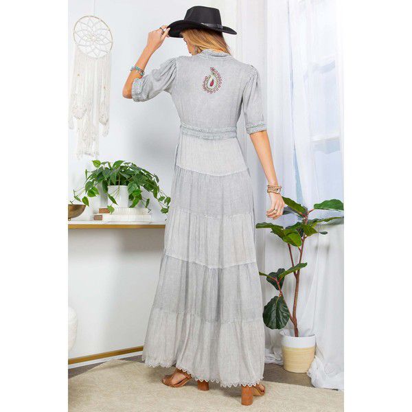 V Neck Maxi Grey Light with Embroidery