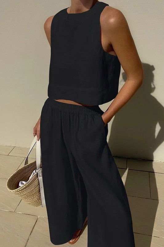 Black Sleeveless Crop Top and Pants Set