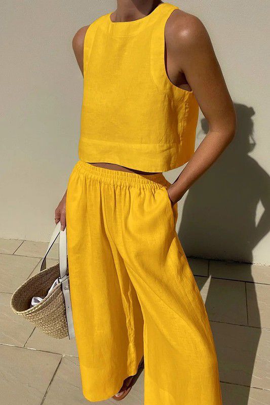 Yellow Sleeveless Crop Top and Pants Set (Preorder)