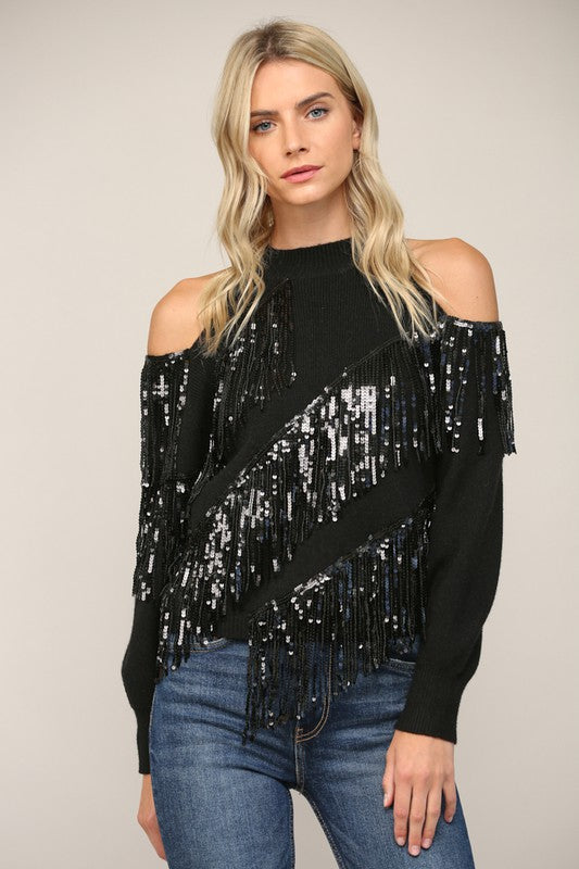 Sequin fringe trimmed sweater