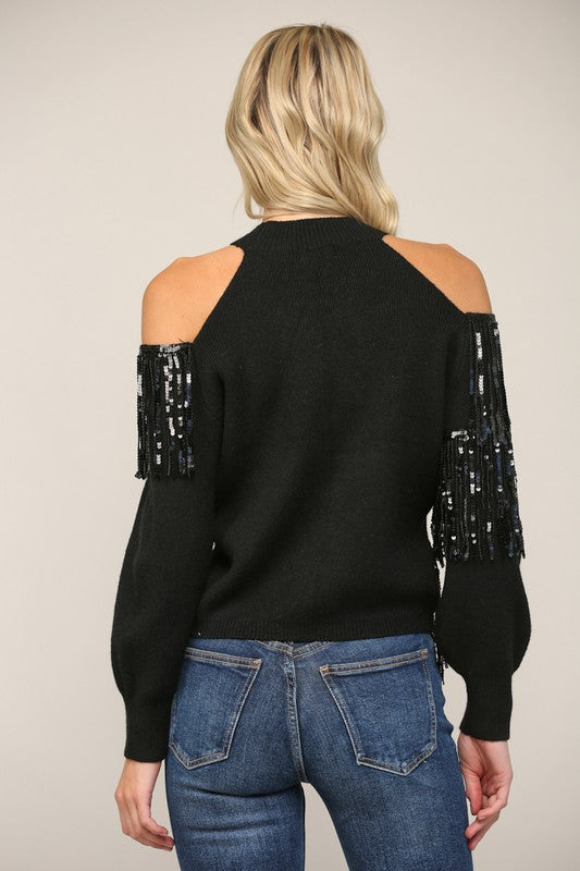 Sequin fringe trimmed sweater