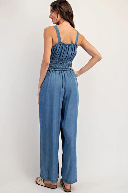 Denim Smocked Jumpsuit