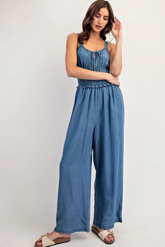 Denim Smocked Jumpsuit