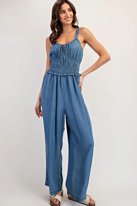 Denim Smocked Jumpsuit