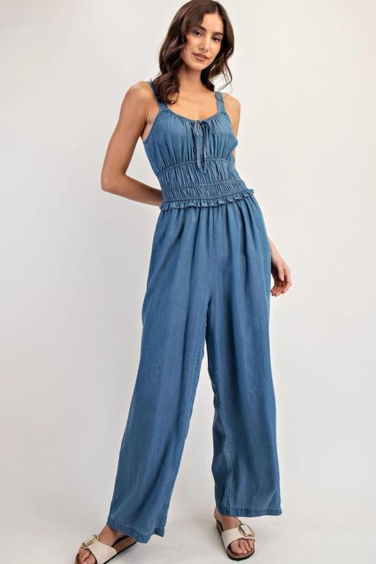 Denim Smocked Jumpsuit