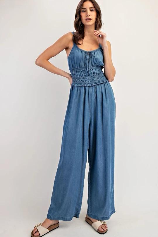 Denim Smocked Jumpsuit