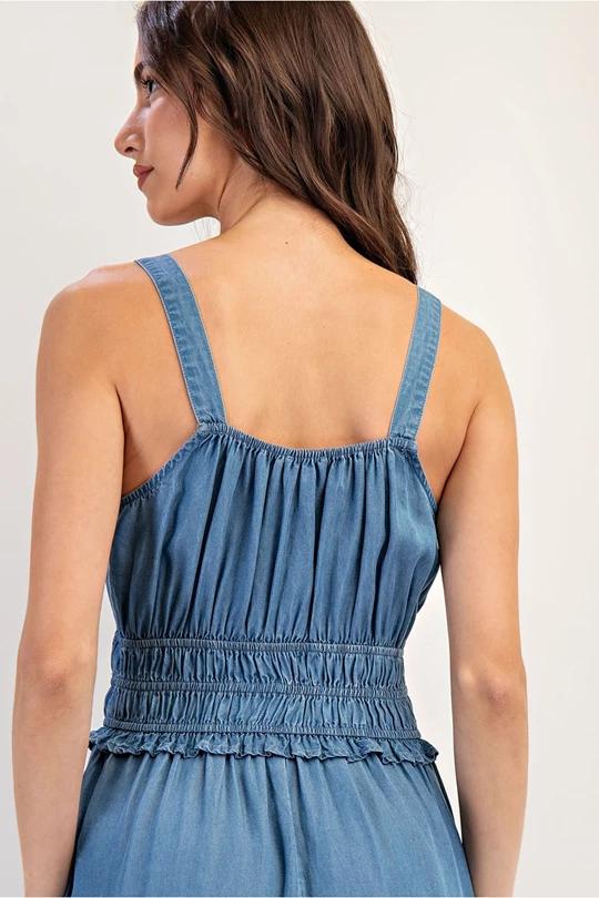 Denim Smocked Jumpsuit