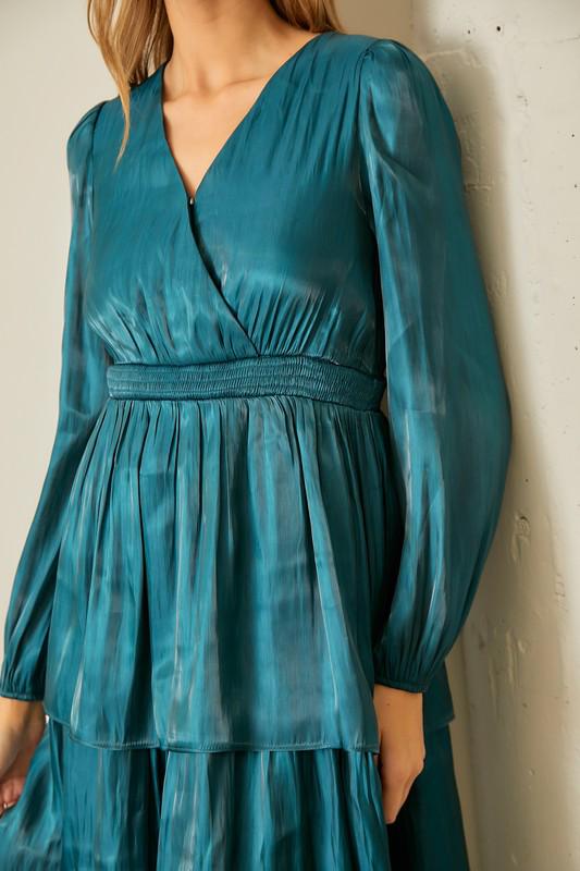 V Neck Satin Teal Layered Maxi Dress