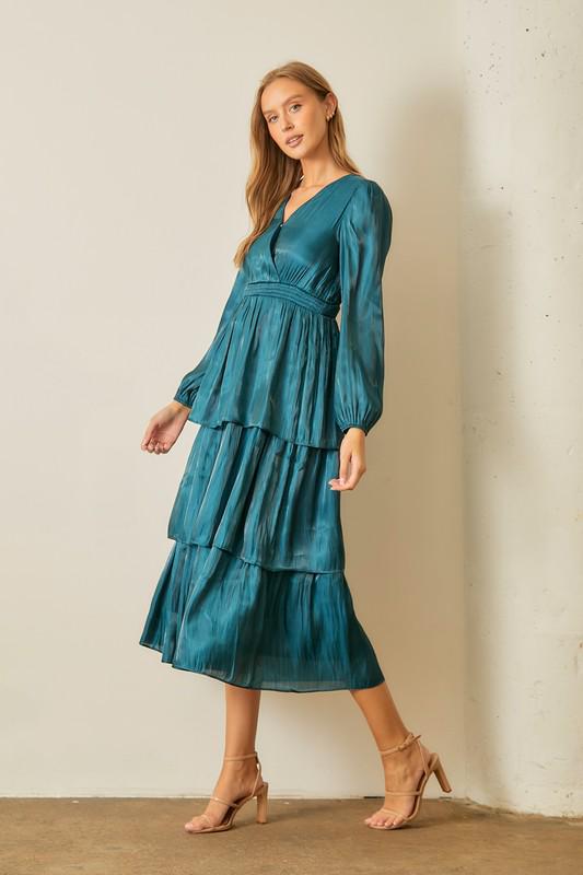 V Neck Satin Teal Layered Maxi Dress