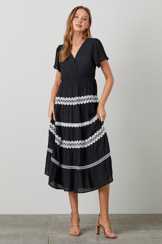 Elegant V Neck Lace Tiered Midi Dress