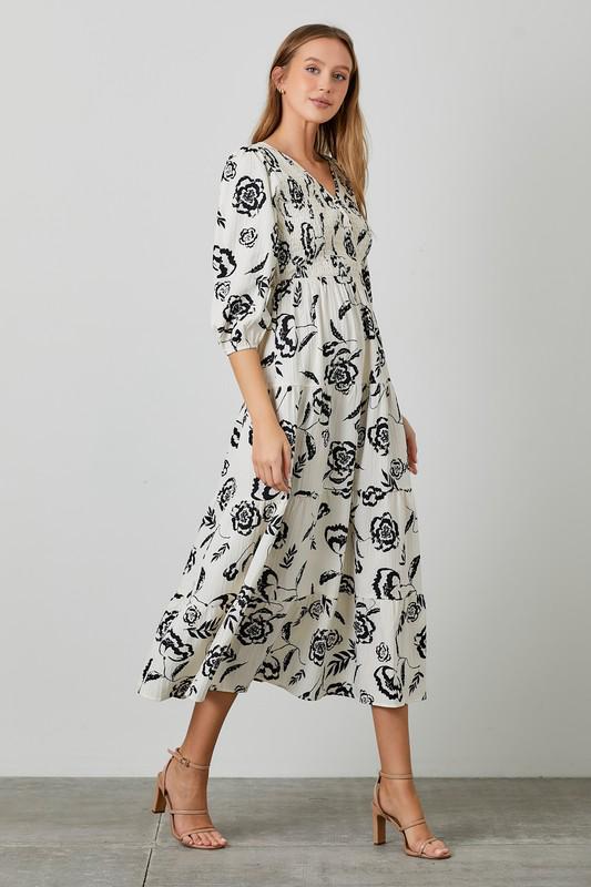 Black & White Floral V Neck Dress