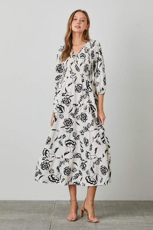 Black & White Floral V Neck Dress