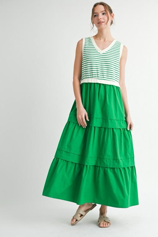 Green Sleeveless fabric mixed maxi dress (Preorder)