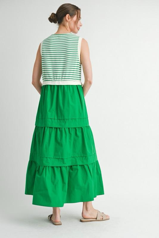 Green Sleeveless fabric mixed maxi dress (Preorder)