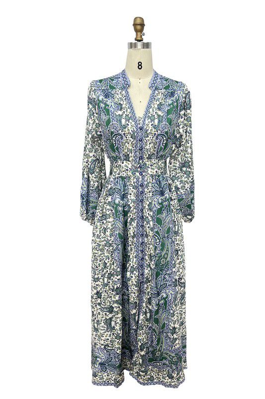 Button Down Print Blue, Green, White Maxi Dress