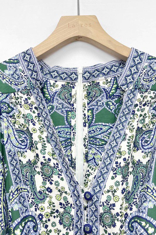 Button Down Print Blue, Green, White Maxi Dress