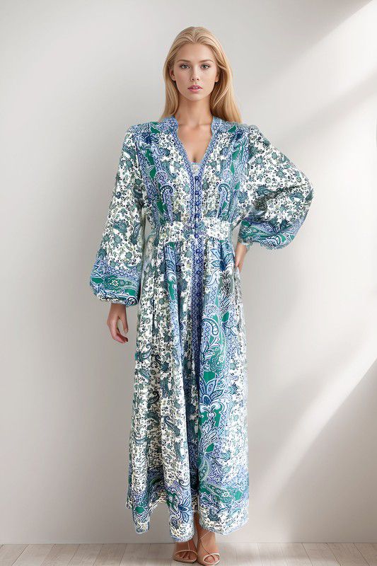 Button Down Print Blue, Green, White Maxi Dress