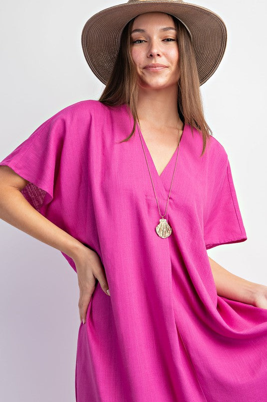 Short sleeves poly linen maxi kaftan dress