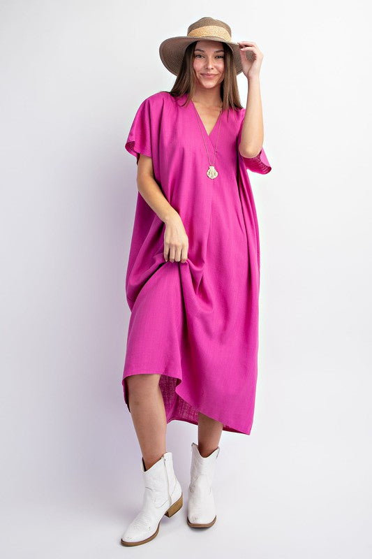 Short sleeves poly linen maxi kaftan dress