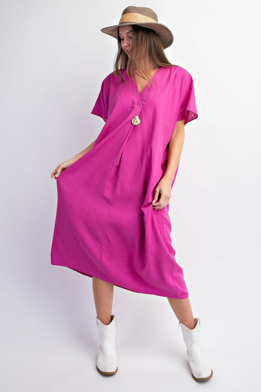 Short sleeves poly linen maxi kaftan dress