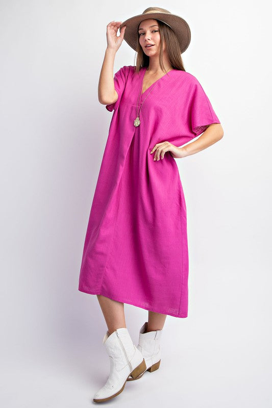 Short sleeves poly linen maxi kaftan dress