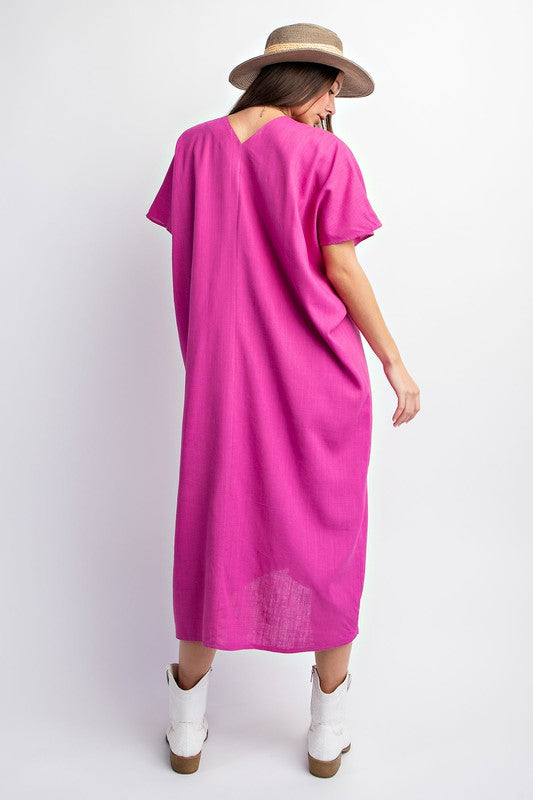 Short sleeves poly linen maxi kaftan dress