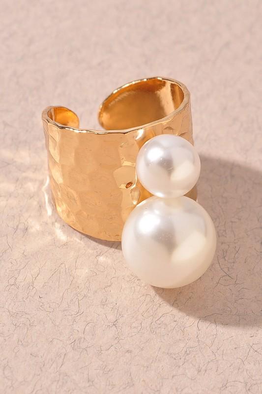 Hammered Gold and Pearl Ring