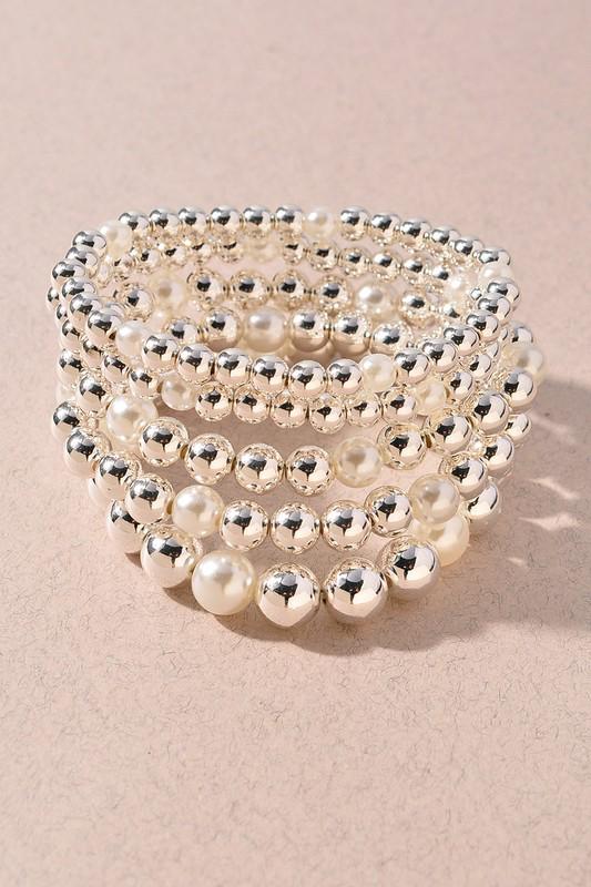 SILVER PEARL BALL BEAD BRACELET SET