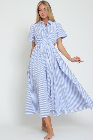 White/Blue Short Sleeve Cut-out Waisted Midi Dress