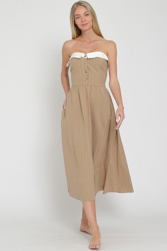 Khaki/Olive/White Tube Button Down Contrast Chest Band Midi Dress