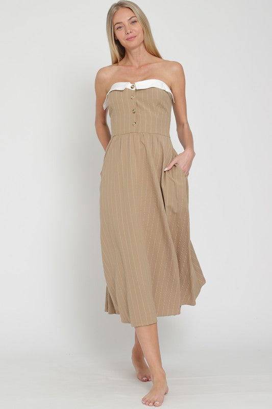 Khaki/Olive/White Tube Button Down Contrast Chest Band Midi Dress