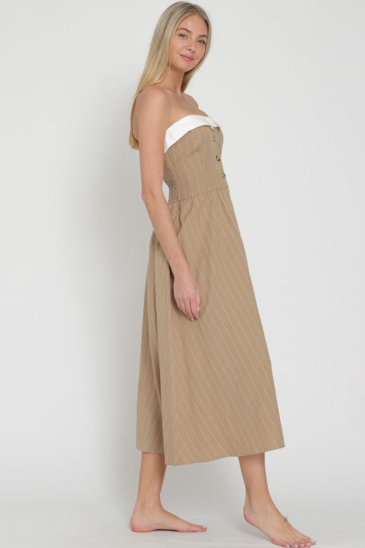 Khaki/Olive/White Tube Button Down Contrast Chest Band Midi Dress