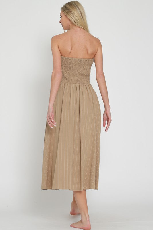 Khaki/Olive/White Tube Button Down Contrast Chest Band Midi Dress