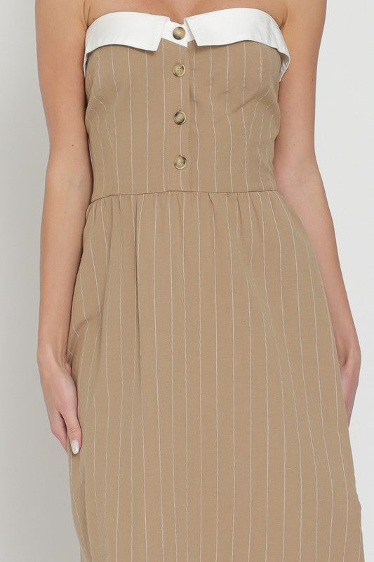 Khaki/Olive/White Tube Button Down Contrast Chest Band Midi Dress