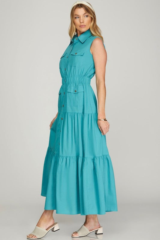 Solid Collared Elastic Waist Maxi Woven Dress