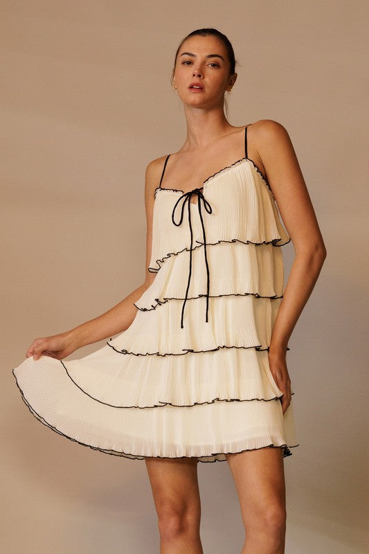 Cream Tiered Plisse Strapless Mini Dress With Front Tie