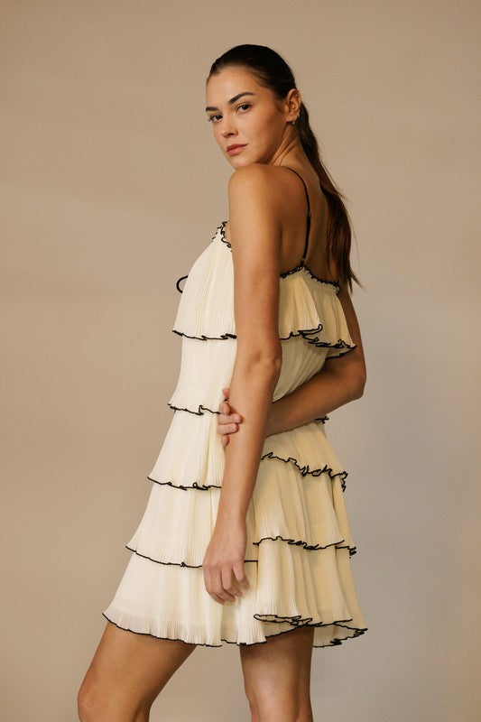 Cream Tiered Plisse Strapless Mini Dress With Front Tie
