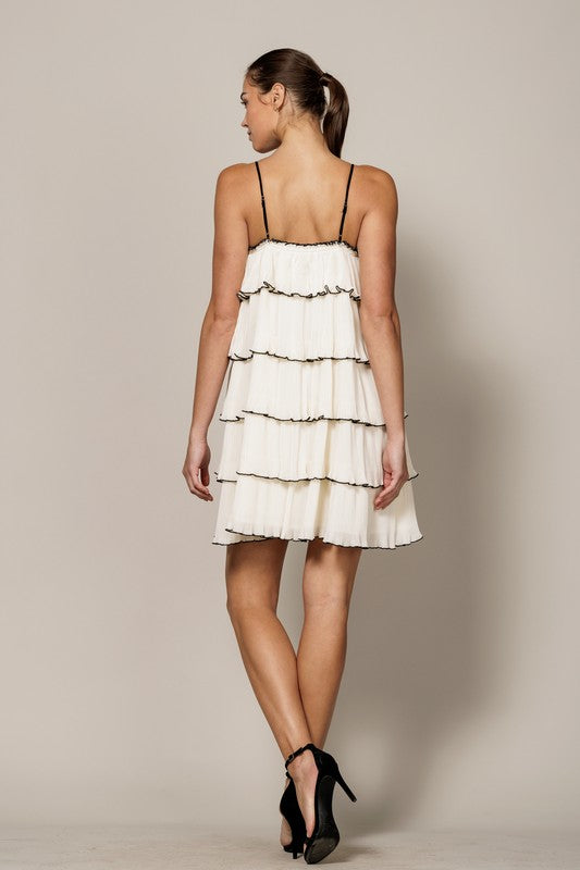 Cream Tiered Plisse Strapless Mini Dress With Front Tie