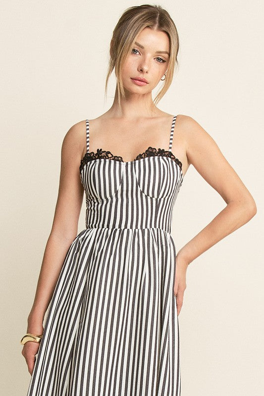 Black & White Lace Detail Stripe Maxi Dress