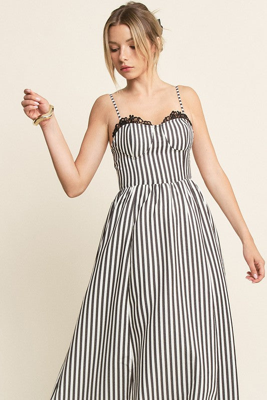 Black & White Lace Detail Stripe Maxi Dress