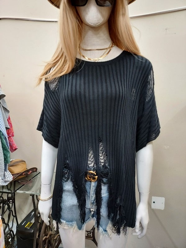 Distressed sweater black top