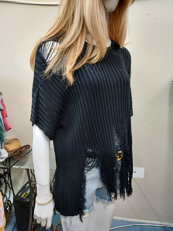 Distressed sweater black top