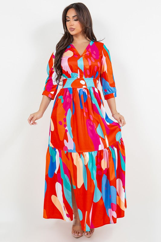 V neck red blue maxi