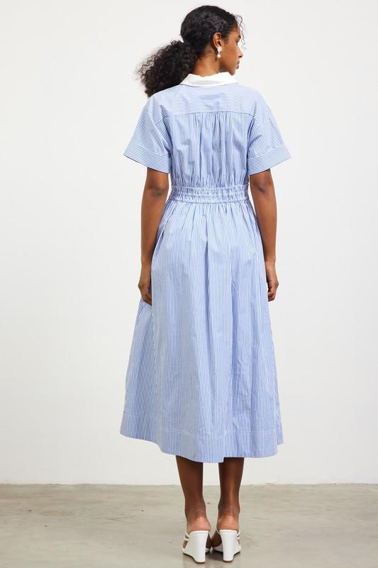 Button down smocked waist midi blue dress