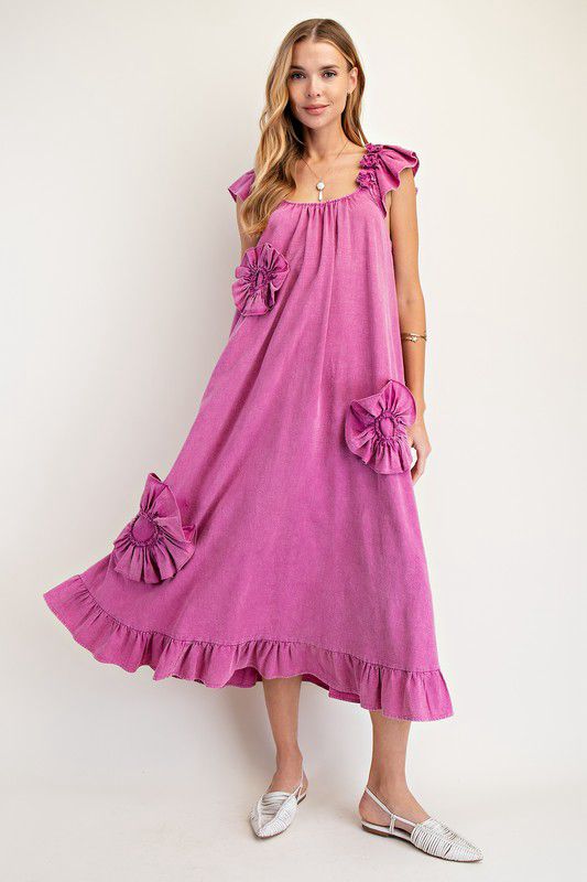 Flowy ruffle magenta maxi dress with flower details (Preorder)